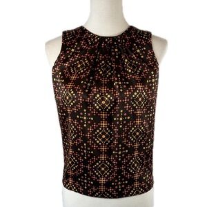 Tory Burch Geometric Brown Print Sleeveless Blouse Top Sz 2 Silky Preppy Luxury